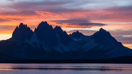 Dramatic silhouette of a jagged mountain range against a fiery and colorful sunset sky reflecting in the tranquil water below