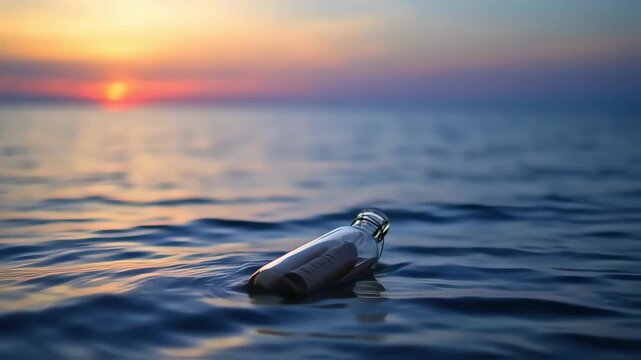 Message in a bottle at sunset over water