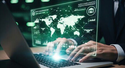 Closeup of a persons hands typing on a laptop, with a glowing green holographic world map and financial data overlay, representing global business and connectivity