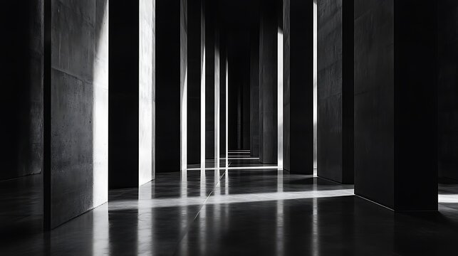 Modern architecture with dark vertical columns and light reflecting on the floor in black