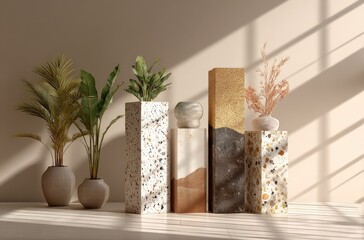 Beige room with terrazzo pedestals and plants