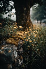 Obraz premium Pale yellow flowers near a mossy stone wall