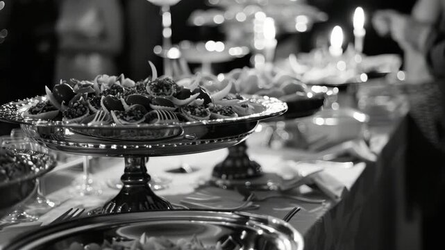 Luxurious spread of food and drinks at an evening party.