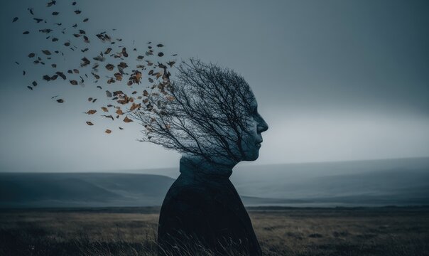 Silhouetted figure, tree branches for head, autumnal leaves