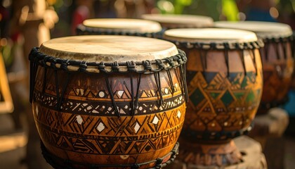 Ornate Tribal Drums with Intricate Geometric Patterns Carved Wood and Rawhide Heads in an Outdoor Setting with Warm Sunlight