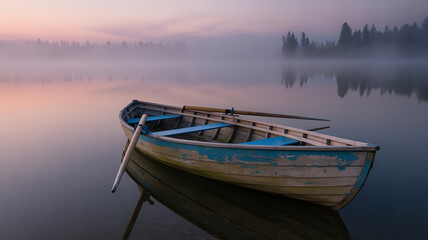 Fototapeta premium A serene morning on the lake A tranquil boat ride amidst the mist, peaceful ambiance and nature's beauty