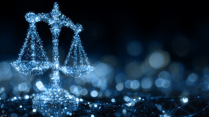 Digital representation of a balance scale composed of glowing particles and connected nodes, symbolizing justice in a technological context