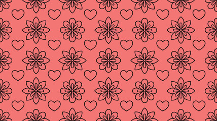 A repeating pattern of black outlined flowers and hearts on a peach colored background, evenly spaced