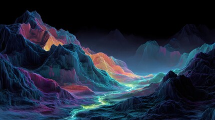 Dreamlike landscape with glowing crystalline mountains and a lumino...