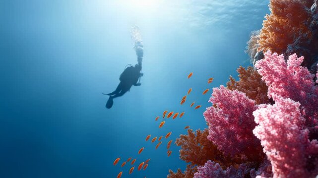Warm sunlight penetrating vibrant coral reef, casting golden rays on swimming school of small orange anthias fish while scuba diver gliding through rich marine ecosystem