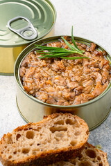 Canned tuna in brine isolated on vintage background	