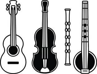 Fototapeta premium Musical Instruments Line Art Collection Featuring Guitar Violin Flute and Sitar Simple Vector Graphic Depicting Music Instruments