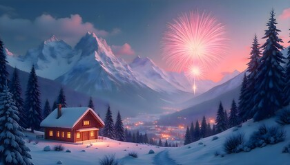 Small wooden cabin in the snowy landscape with a bright firework display above, creating a festive holiday and winter season atmosphere in a natural outdoor scene