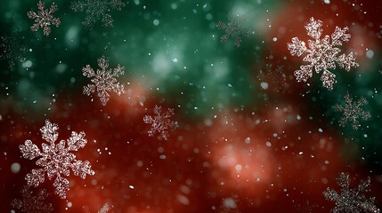 Magical christmas background with falling snowflakes on a green and red backdrop for a festive holiday season