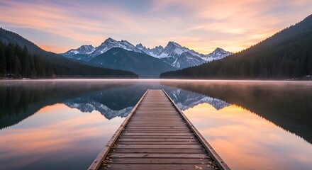 A tranquil lake at dawn, with a wooden pier extending to the snow-capped mountains, showcasing mirrored reflections.
