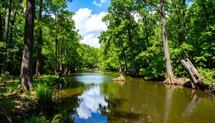 Serene River Scene in Lush Green Forest with Blue Sky