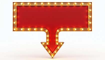 Retro advertising sign with red panel, gold border, and marquee lights. Arrow points downwards. Vintage style, ideal for casinos, theaters, or clubs. Bright glowing bulbs create festive atmosphere.