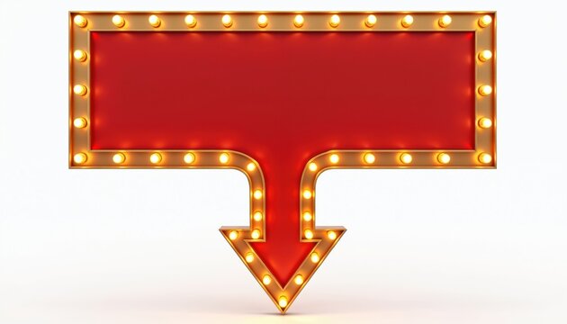 Retro advertising sign with red panel, gold border, and marquee lights. Arrow points downwards. Vintage style, ideal for casinos, theaters, or clubs. Bright glowing bulbs create festive atmosphere.