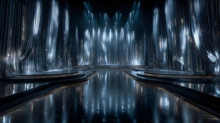 Avant-Garde Surreal Futuristic Theater Stage with Sleek Silver and Reflective Metallic Curtains Casting Shimmering Light Patterns for an Extraordinary Performance