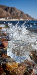 Ice cube on rocky shore, waves splashing