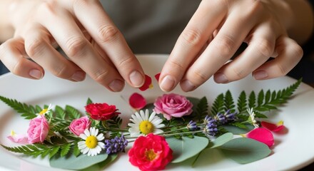 Hands arranging colorful fresh flowers and green leaves on a white plate for decoration