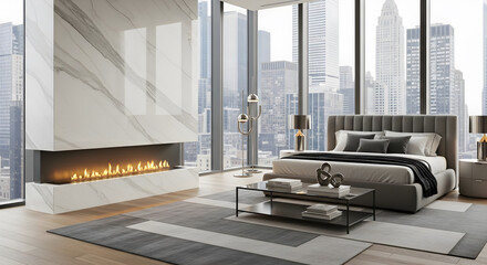 Luxurious modern bedroom with a panoramic city view and a sleek linear fireplace.