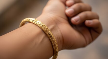 Closeup of a persons wrist wearing a traditional gold bangle bracelet