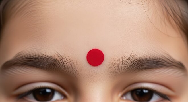 Extreme closeup of a young girls forehead with a bright red bindi dot centered above her eyebrows