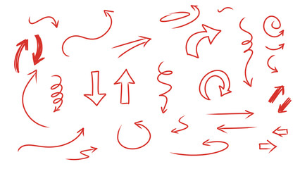 Red Hand-Drawn Arrow Set: Directional Cues, Sketches, Graphic Elements, Design Assets, Creative Illustration arrow up, down , sideways showing directions map instructions on transparent background. 