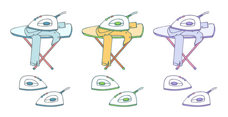 Hand drawn multi-colored electric iron and ironing board isolated on white background.  Ironing clothes, drawing doodle sketch. Vector clipart for household appliance or domestic chores illustration.