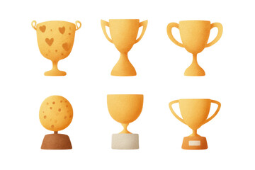 Set of six gold trophy designs featuring unique shapes and styles on black background, cut out