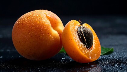 Juicy Apricots with Water Droplets on Dark Background
