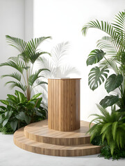 Tropical oasis display stand with lush greenery and natural wood texture