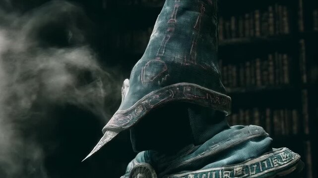 Mysterious Wizard in a Library with Ethereal Smoke Animated Scene, Cinematic