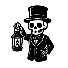 Gentleman Skeleton in Suit and Top Hat with Lantern. Gothic Vector.