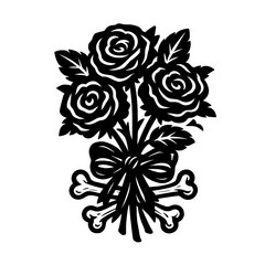 Gothic Rose Bouquet with Bone Bow. Dark Valentine Vector Illustration.