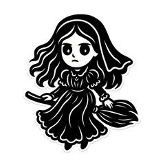 Sad Gothic Doll Girl with Basket. Cute Spooky Vector Character.
