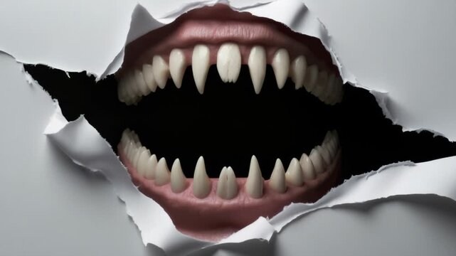 Monstrous mouth bursts through white surface, sharp fangs