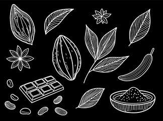 Cocoa and Chocolate Sketch – Hand Drawn Cacao Set on Black Background Vector Illustration. Elegant line art, perfect for packaging and artisanal branding. Chalk drawing on blackboard, chalkboard art