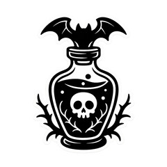 Spooky Poison Potion Bottle with Skull and Bat. Gothic Halloween Tattoo Style Vector Illustration.