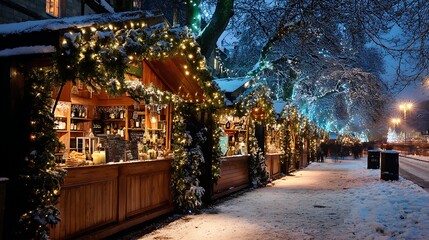 Fototapeta premium Festive christmas market scene with wooden stalls adorned with lights and snow in a winter wonderland