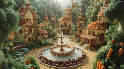 A quaint village features rustic cottages with thatched roofs surrounding a stone fountain. Lush greenery and intricate details create an enchanting scene.