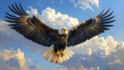 Obraz premium Pixelated Bald Eagle Flying Against a Cloudy Sky with Wings Extended High Resolution Digital Art