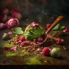 Green Ice Cream Scoop Mockup with Chocolate and Rose Toppings