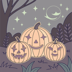 Three smiling cartoon pumpkins stand in a spooky, starry, grey Halloween night scene