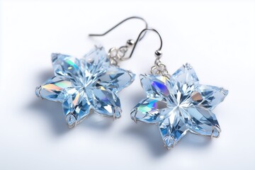 Fototapeta premium Light Blue Crystal Star Earrings On White Background