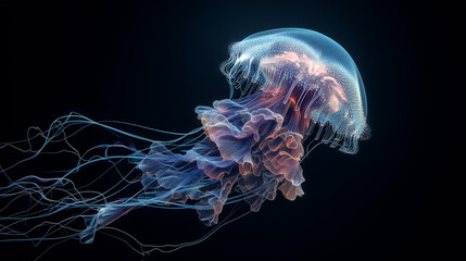 Dreamy glowing jellyfish underwater with blue and pink fluid light
