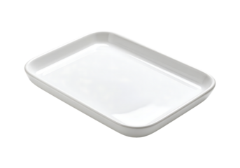 Empty white rectangular ceramic serving dish isolated on transparent background