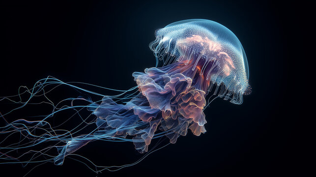 Dreamy glowing jellyfish underwater with blue and pink fluid light

