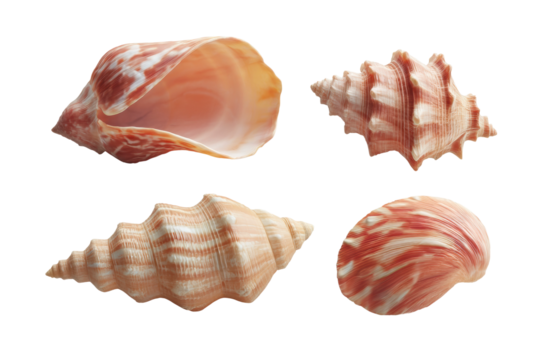 Assorted seashells: varied shapes and unique patterns on white background, cut out